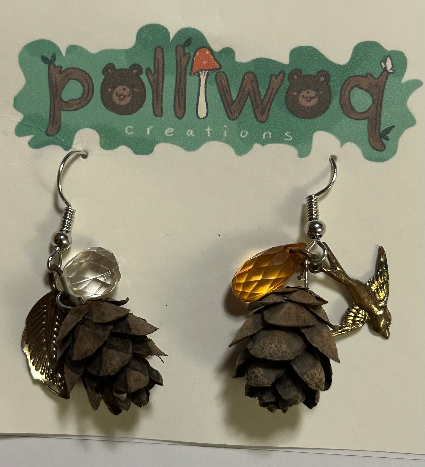 pinecone earrings (crystals, leaf, sparrow)