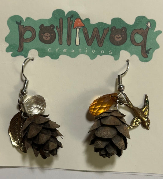 pinecone earrings (crystals, leaf, sparrow)