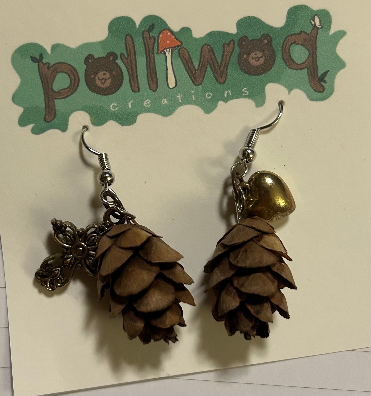 pinecone earrings (cross, heart)