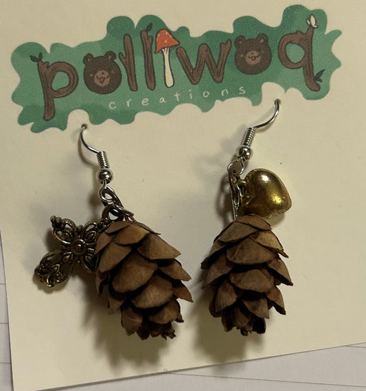 pinecone earrings (cross, heart)